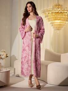 Modelyn Women's Elegant Chiffon Printed Jacket And Beige Washed Pleated Camisole Dress, Spring/Summer - Multicolor - View 3