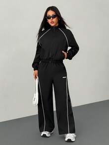 SHEIN PETITE 2pcs Women Streetwear Athleisure Cargo Outfit: Reflective Lapel Windbreaker Coat And Cargo Parachute Pants, Suitable For Spring/Autumn - Black - View 6