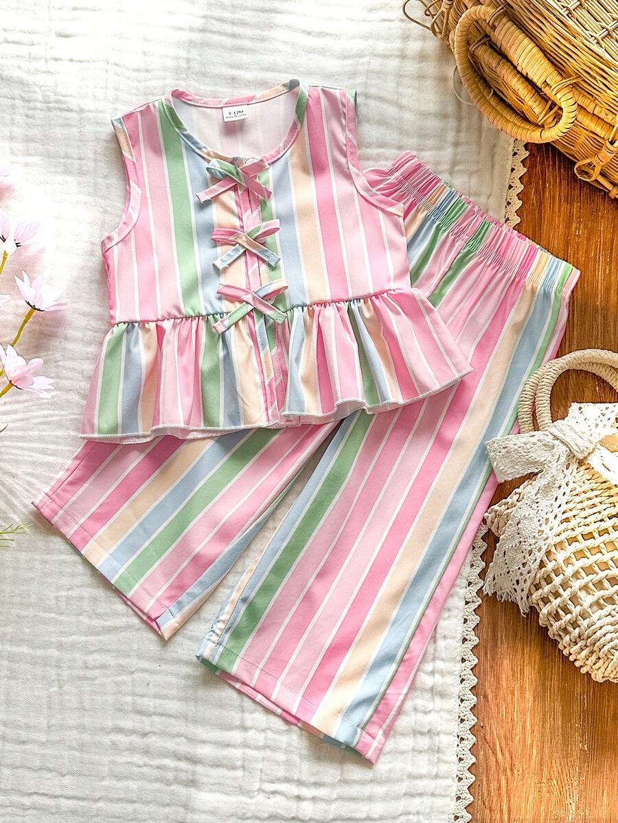 SHEIN Vintaside Kids 2件套女婴幼儿/新生儿0-3岁春夏休闲甜美日常度假条纹梭织无袖上衣和阔腿裤套装 - 粉色 - 查看 1