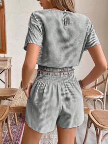 SHEIN Frenchy Bộ đồ nữ dáng rộng, vai rớt, tay ngắn, gồm 2 món, thích hợp mặc mùa hè. - Đen và trắng - Xem 2