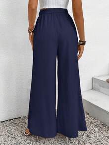 SHEIN Frenchy 女士度假开衩系腰宽松裤 - 藏蓝色 - 查看 2