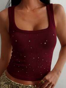 DAZY Women's Slim Fit Studded Decorated Top, New Arrival For Autumn/Winter Summer - Burgundy - View 4