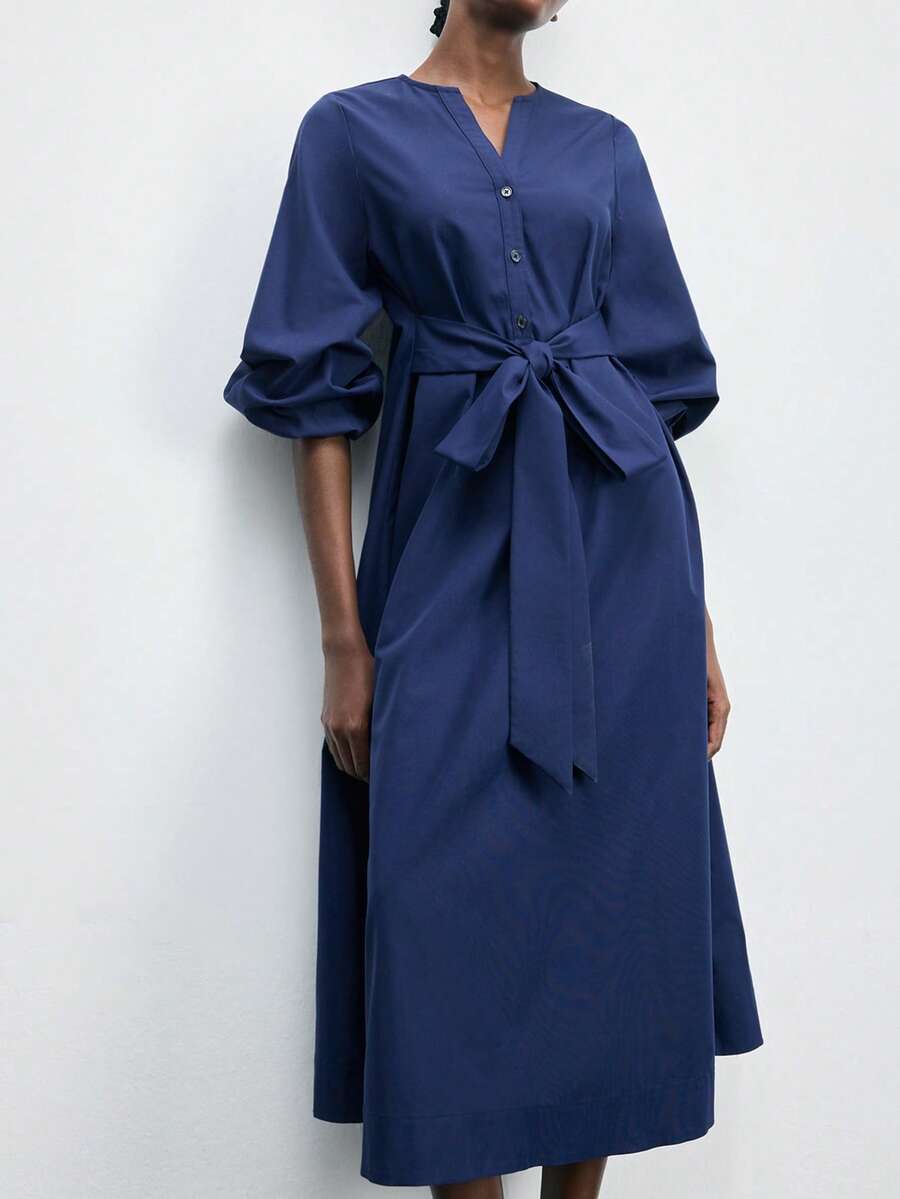 Maija Women's Casual Commuter Solid Color Lantern Sleeve Mid-Length Dress Lantern Sleeve Dress Belted Dress Blue Dress Front Tie Dress  Resort Wear 2026 - Navy Blue - View 1