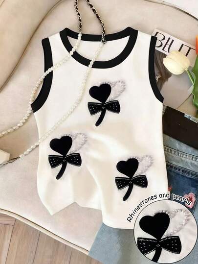 Resyla Regata Feminina com Decoração de Pérolas e Strass, Contraste de Cores, Verão