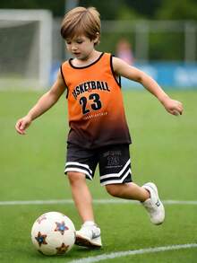 SHEIN 2pcs/Set Boys' Sports Casual American Letter Print Jersey Outfit - Multicolor - View 3