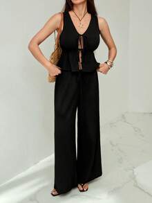 SHEIN Tall Black Knit Women's Casual Vacation Set - Black - View 6