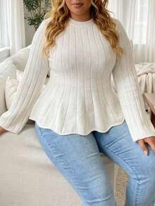 Elenzga Pulover mărime mare, guler rotund, siluetă linie A, tricotaj gros, top culoare uni, toamnă/iarnă - alb - Vizualizare 3