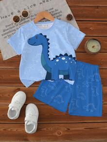 一套男童休闲趣味卡通恐龙印花短袖圆领T恤和短裤套装，夏季 - 彩色 - 查看 3