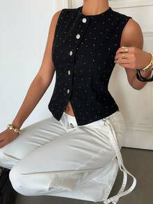 Aloruh Women's Rhinestone Embellished Round Neck Single-Breasted Casual Denim Vest,Summer,Valentine's Day, - Blue - View 5