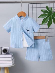 2件套男婴休闲恐龙图案立领短袖衬衫短裤套装，婴儿服装，儿童套装，婴儿上衣和裤子，适合日常穿着、派对、夏季穿着，男婴夏季服装，男婴度假服装，男婴夏季服装，男婴套装，男童套装，男童夏季服装，男童沙滩装 - 薄荷藍 - 查看 1