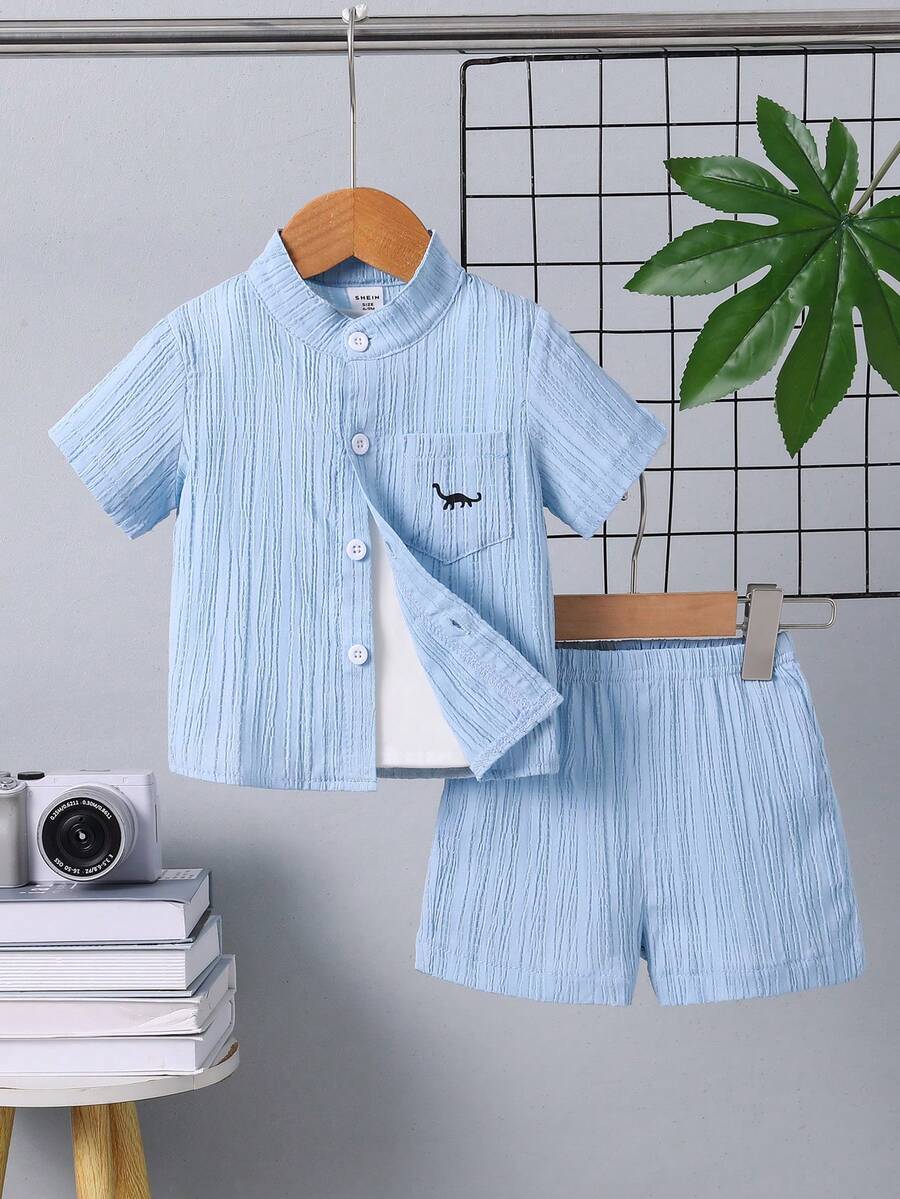 2件套男婴休闲恐龙图案立领短袖衬衫短裤套装，婴儿服装，儿童套装，婴儿上衣和裤子，适合日常穿着、派对、夏季穿着，男婴夏季服装，男婴度假服装，男婴夏季服装，男婴套装，男童套装，男童夏季服装，男童沙滩装 - 薄荷藍 - 查看 1