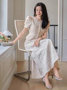 DAZY Bộ đồ 2 món dành cho nữ, gồm áo cardigan cổ tròn tay ngắn tay phồng và chân váy dài, kiểu dáng thanh lịch, thường ngày, thích hợp cho các buổi tiệc. - Màu be - Xem 6