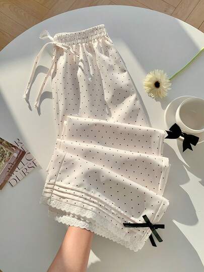 Comfortcana Women's Drawstring Waist Polka Dot Pleated Casual Versatile Wide Leg Pants For Daily Wear, Spring Clothes Women