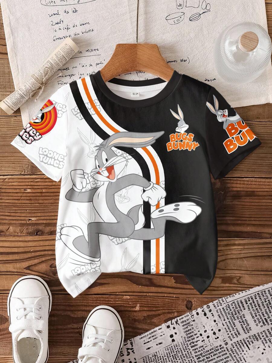 LOONEY TUNES X SHEIN 男童卡通图案撞色圆领短袖T恤 - 白色 - 查看 1