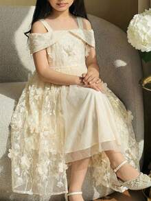 SHEIN Đầm lưới hở vai họa tiết hoa 3D cho bé gái tuổi teen, màu trắng ngà, thích hợp cho các dịp lễ hội và tiệc tùng. - Màu be - Xem 1