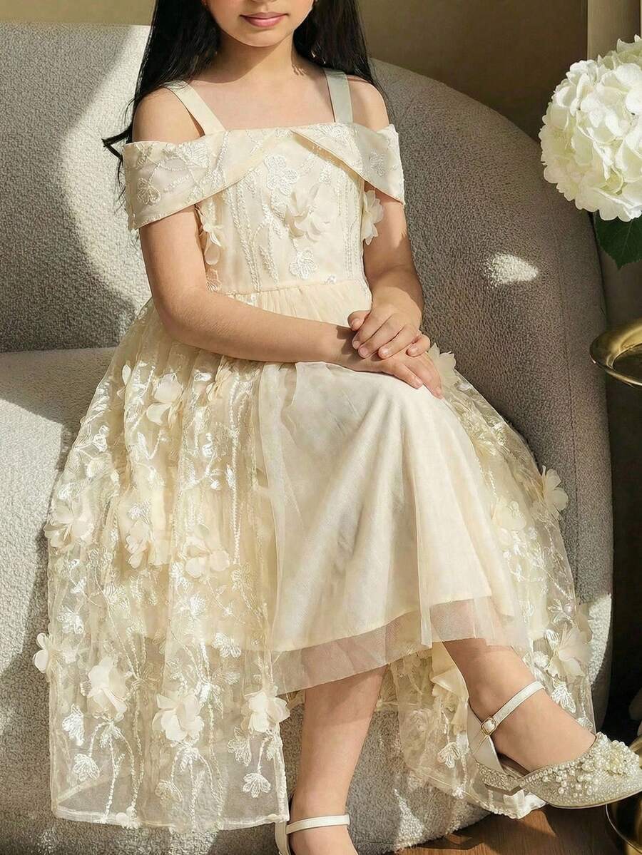 SHEIN Đầm lưới hở vai họa tiết hoa 3D cho bé gái tuổi teen, màu trắng ngà, thích hợp cho các dịp lễ hội và tiệc tùng. - Màu be - Xem 1