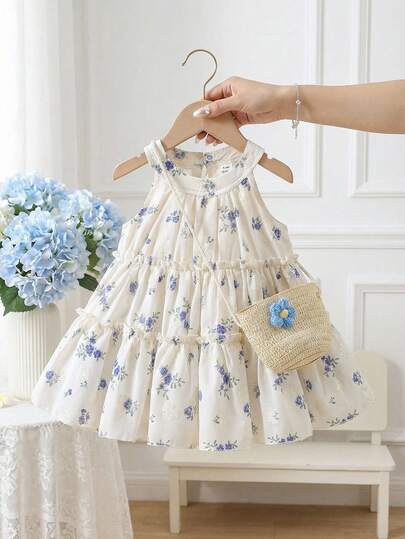 SHEIN Vestido de princesa de cuello redondo con estampado floral diminuto + bolso mini a juego con decoración de flor para bebé/niña pequeña, sin mangas, cómodo y de moda para uso diario, verano