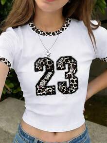 少女休闲时尚复古豹纹仿水钻设计，23号豹纹领时尚衬衫，夏季装扮 - 彩色 - 查看 6