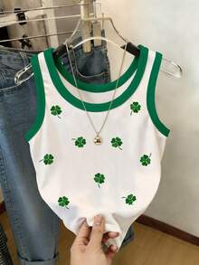 Resyla Clover Pattern Embroidered Contrast Color Round Neck Cropped Tank Top For Women - White - View 3