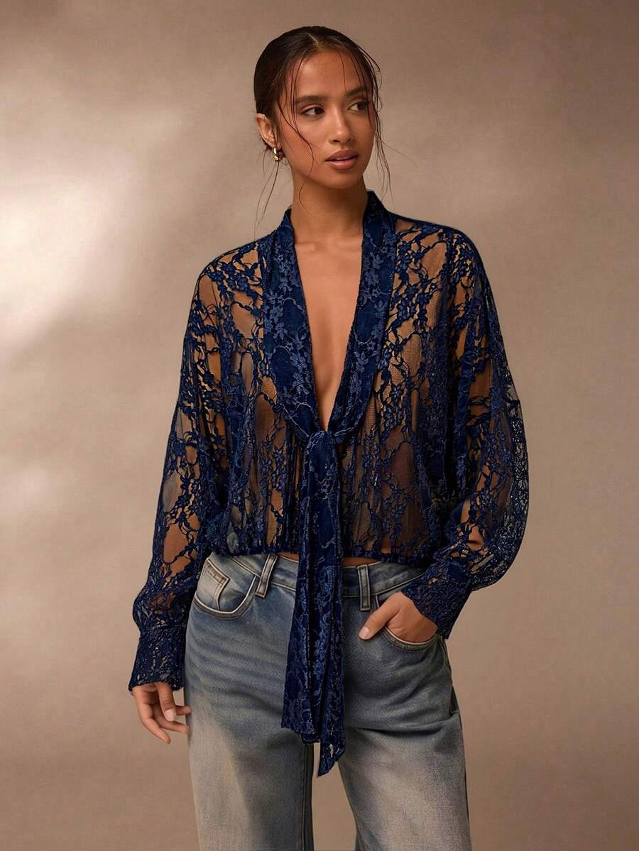 SHEIN Glamour 女士纯色打结薄纱蕾丝长袖衬衫 - 藍色 - 查看 1