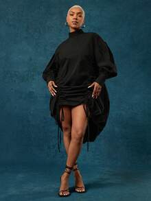 Vixey Drawstring Mock Neck Adjustable Drawstring Long Sleeve Dress - Black - View 3