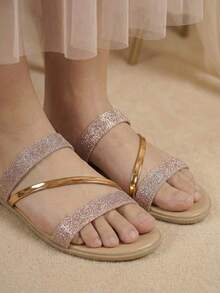 Sandalia plana en dorado, dorado rosado y plateado - Oro rosa - Ver 2