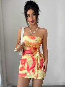 Elenzga Women's Summer New Beach Vacation Set, Knitted Floral Pattern Drawstring Bandeau Top + Bodycon Mini Skirt, 2 Piece Set - Pale Yellow - View 6