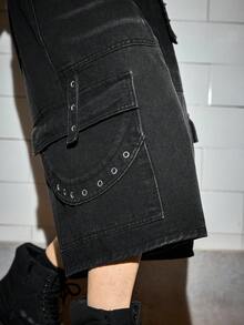 ROMWE MEN Casual Men's Rivet Decorated Denim Shorts - Black - View 5