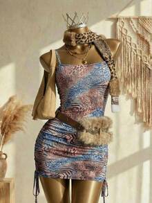 Elin Vora 女士夏季豹纹斑马纹褶皱腰身优雅吊带迷你连衣裙，适合约会和派对穿着 - 彩色 - 查看 2