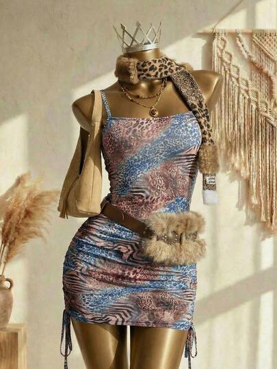 Elin Vora 女士夏季豹纹斑马纹褶皱腰身优雅吊带迷你连衣裙，适合约会和派对穿着