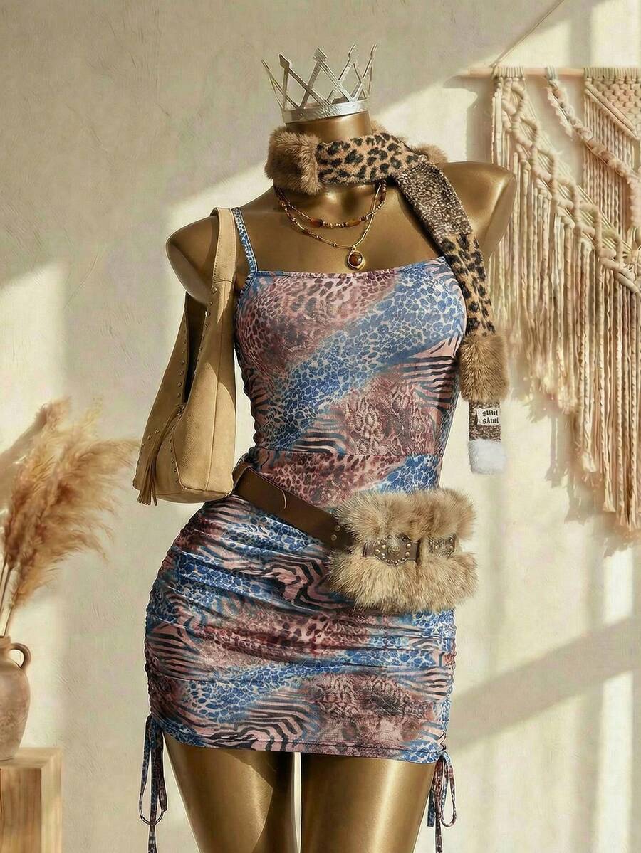 Elin Vora 女士夏季豹纹斑马纹褶皱腰身优雅吊带迷你连衣裙，适合约会和派对穿着