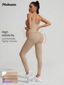 SHEIN Solid Color Sleeveless Maternity Jumpsuit, Maternity Jumpsuit, Maternity Wear - Khaki - View 8
