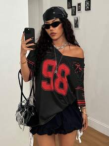 Coolane 女士春夏节日外出街头风复古透气网眼数字图案棒球衫红色球衣 - 黑色 - 查看 6