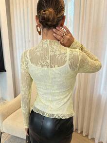 Lavishia Top à manches longues pour femmes avec col montant, patchwork en dentelle transparente. Costume d'Halloween pour femmes - Kaki - Voir 2