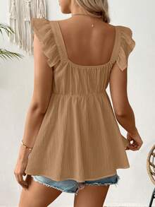 SHEIN Áo sơ mi nữ bầu màu trơn cổ tim tay ngắn xếp ly bèo nhún kiểu dáng thường ngày - Màu Khaki - Xem 2