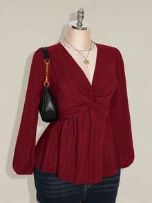 SHEIN ICON 大码女式扭结纹理黑色灯笼袖上衣 - 酒紅色 - 查看 8