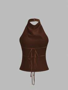 Sweetra Backless Tie Strap Sleeveless Minimalist Design Summer Camisole - Brown - View 2
