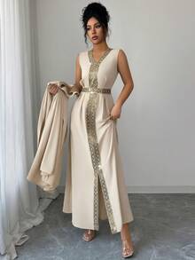 Elenzga 女士休闲绿色蕾丝拼接无袖连衣裙，配宽松外袍，两件套，早春 - 卡其色 - 查看 4