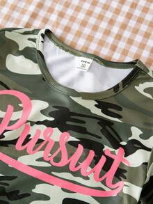 Tween Girls' Camouflage Letter Print Round Neck Short Sleeve T-Shirt - Army Green - View 6