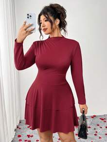 SHEIN PETITE CURVE Đầm dạ hội hai lớp dài tay cổ cao ôm sát, co giãn, dài đến đầu gối dành cho nữ cỡ lớn, thanh lịch, phù hợp cho các buổi đi chơi thường ngày, đi làm, mặc hàng ngày và ngày Valentine. - Đỏ - Xem 3