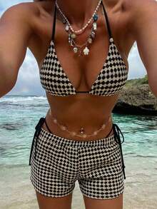 Bonvoyette Bộ đồ bơi Swim Vcay-D dành cho nữ, bộ bikini dệt kim 3 mảnh, màu tương phản đen trắng, chất liệu vải dệt kim đặc biệt - Nhiều màu - Xem 1