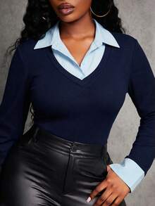 SHEIN SXY Plus-Size Women's Spring/Summer Sexy, Elegant, Simple, And Commuter-Friendly Blue Patchwork Shirt Collar Two-In-One Tight-Fitting Long-Sleeved Bodysuit. Suitable For Everyday Wear, Business, Simple, Commuting, Elegant, Casual, Shopping, Street Style, And Outings. Easy To Match, Slimming, And Figure-Flattering. - Navy Blue - View 4