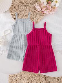 2pcs/Set Baby Girls' Summer New Sleeveless Ribbed Fabric Shorts Romper, Fuchsia/Gray Ribbed Fabric, Minimalist Cute Versatile Casual Holiday Jumpsuit 2pcs Set - Multicolor - View 2