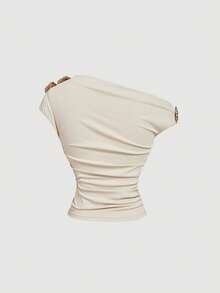 SHEIN MOD 女士纯色金属3D立体花卉装饰褶皱肩部时尚T恤，春夏款，优雅上衣，外出上衣，生日、嘉年华服装、派对、休闲女式T恤 - 杏色 - 查看 3