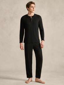 EverLounge Conjunto de pijama de manga larga con cuello henley y rayas de color negro sólido para hombre - Negro - Ver 4