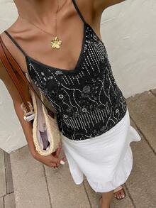 Serisse 女士亮片装饰细肩带优雅吊带背心 - 黑色 - 查看 7