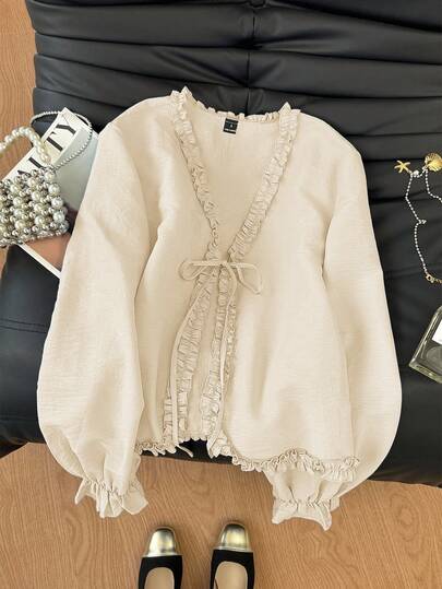 SHEIN Frenchy 纯色荷叶边长袖休闲系带百搭衬衫