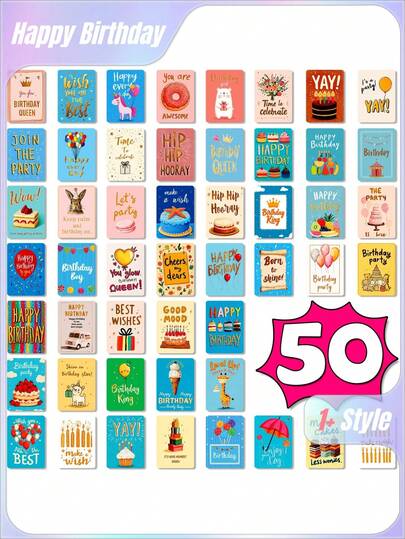 1pc (50 Cards Total) Cartoon Birthday Cards - Interactive Writable Greeting Cards, Adorable Designs For Teens, Parties & DIY Crafts, Happy Birthday Party Supplies, Gift Box Filler, Reward Card‌