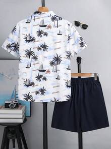 SHEIN Bộ 2 món áo sơ mi ngắn tay và quần short in họa tiết phong cách thường ngày thoải mái cho bé trai tuổi teen, thích hợp mặc đi nghỉ mát, mùa xuân. - Nhiều màu - Xem 3