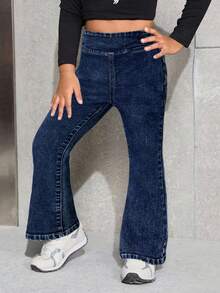 SHEIN Jeans acampanados de cintura alta elástica azules para niña - Azul lavado oscuro - Ver 4